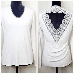 Collection By CEZELE White Lace Blouse Open Back Long Sleeve Wedding Tee Sz S